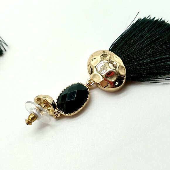 Black Hammered Gold Plated Tassel Post Earrings - Picture 4 of 6